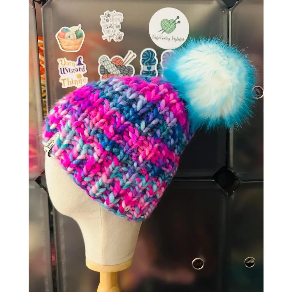Hand Knit Scrappy Merino Wool Beanie: DefiKnitly Tasteful Knit Hat with Faux Fur